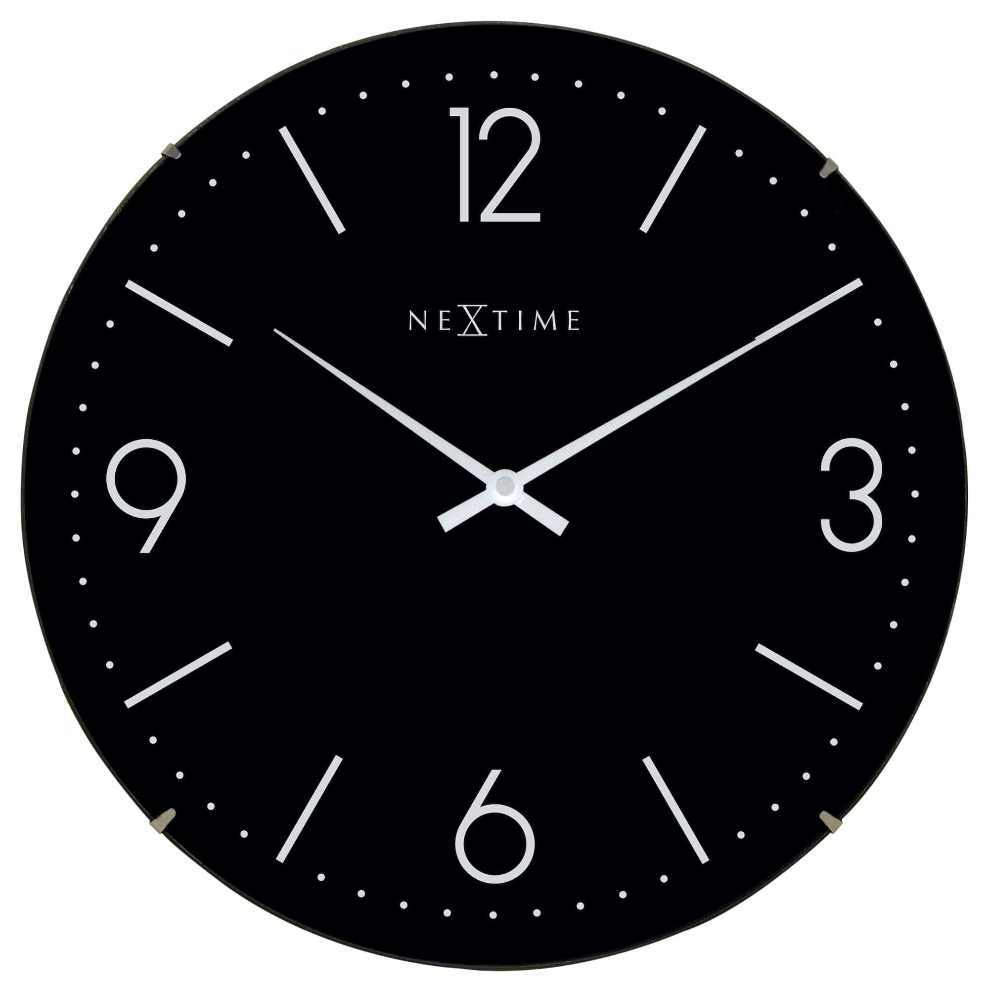 NeXtime Clocks Basic Dome wall clock with a 35cm dome glass cover, modern design, white face, and black hour and minute hands.